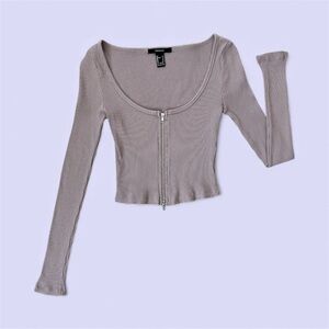 Forever 21 Dusty Mauve Ribbed Zip Front Long Sleeve Crop Top – Size S
